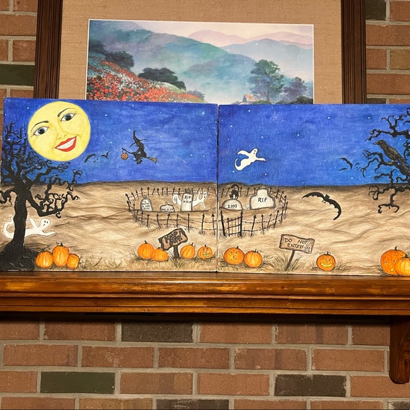 Original Art Painting 2009 Halloween Folk Art Hand Painted 16x20” Display Mural - Picture 2 of 16